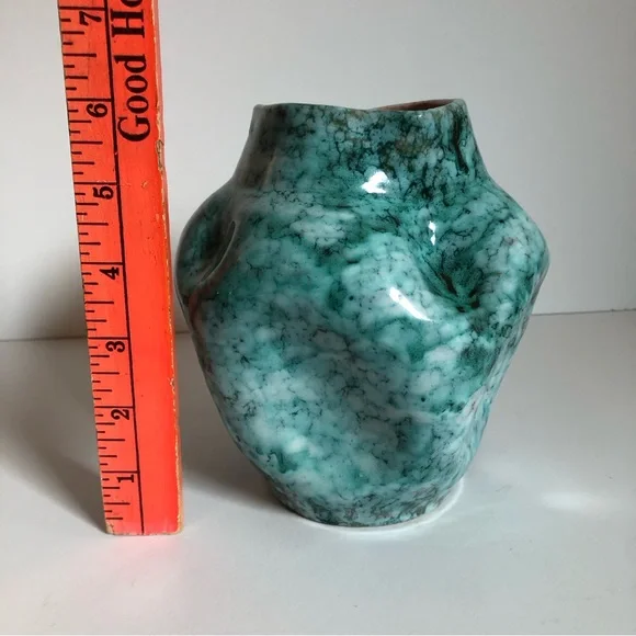 Vintage MCM Made in Italy pottery vase marbled aqua pinched organic midcentury - Picture 10 of 12